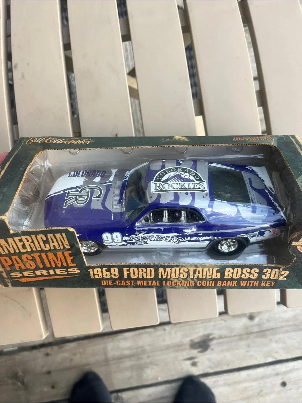 1969 Ford Mustang Boss 302 Colorado Rockies Die-Cast Coin Bank - Purple/White